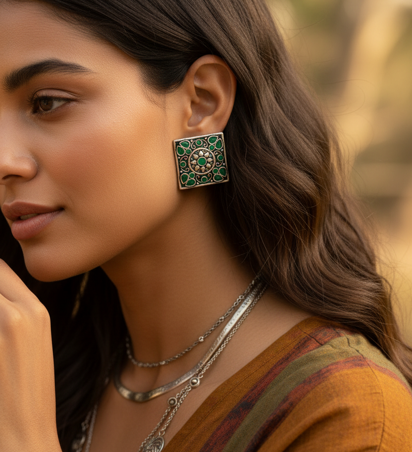 Jazz and Sizzle Green Minakari Oxidised Plated Square Boho Stud Earrings