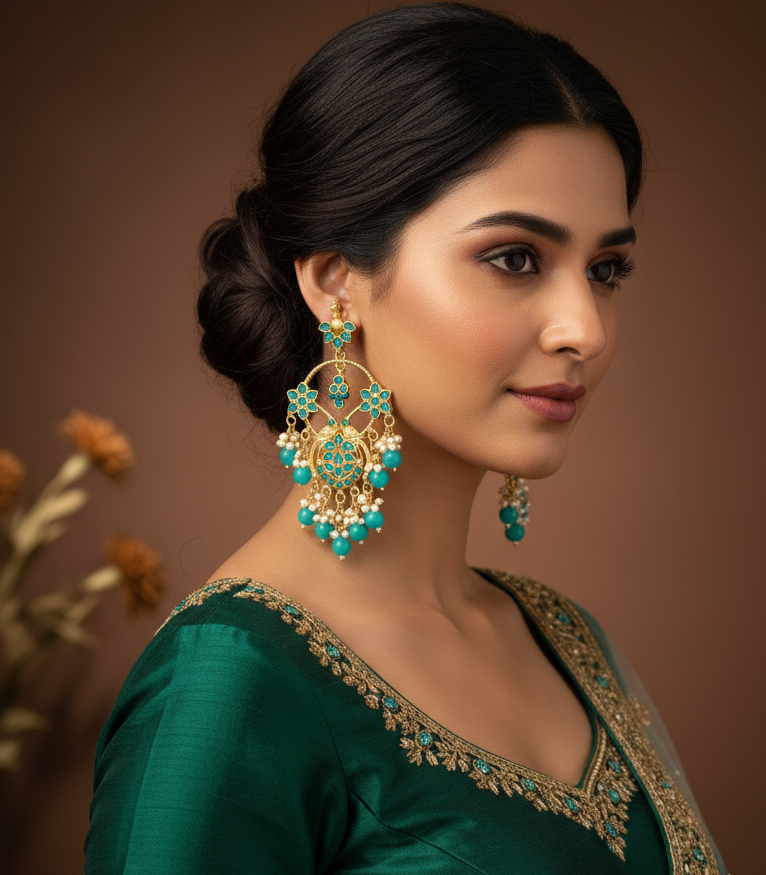 Jazz and Sizzle Luxe Gold Plated & Turquoise Blue Beaded Peacock Shaped Chand Bali Earring