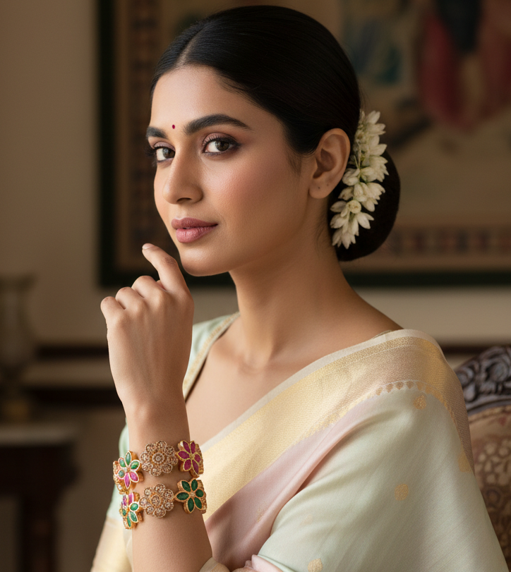 Jazz And Sizzle Set Of 2 Gold Plated Artificial Stone Studded & Pearl Beaded Bangles