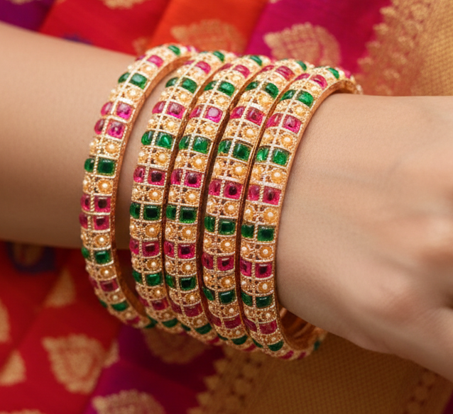 Jazz And Sizzle Set Of 4 Gold Plated Artificial Stone Studded Bangles