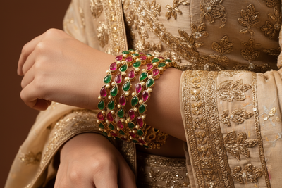 Aatmana By J&S 4 Gold Plated Artificial Stone Studded & Pearl Beaded Bangles