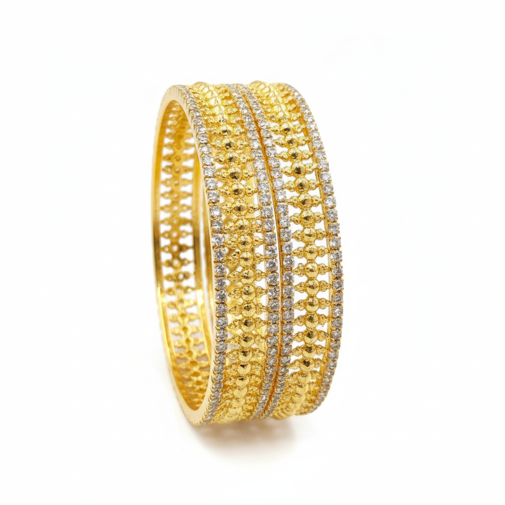 Jazz And Sizzle Set Of 2 Gold Plated Cubic Zirconia Studded Intricate Patterned Bangles