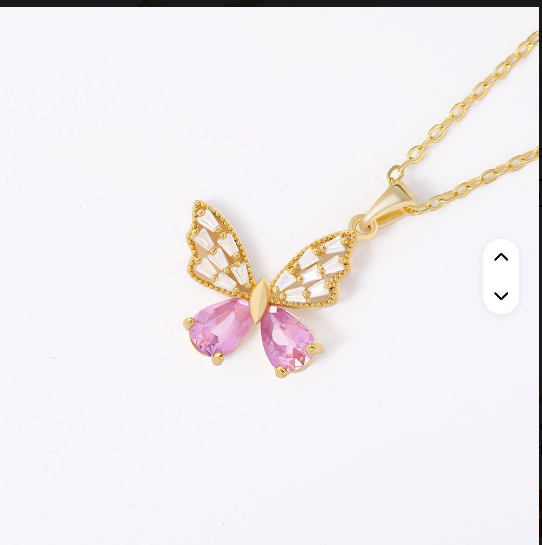 Elegant Butterfly Pendant Necklace with Pink Crystal ‚Äì Gold Plated Chain