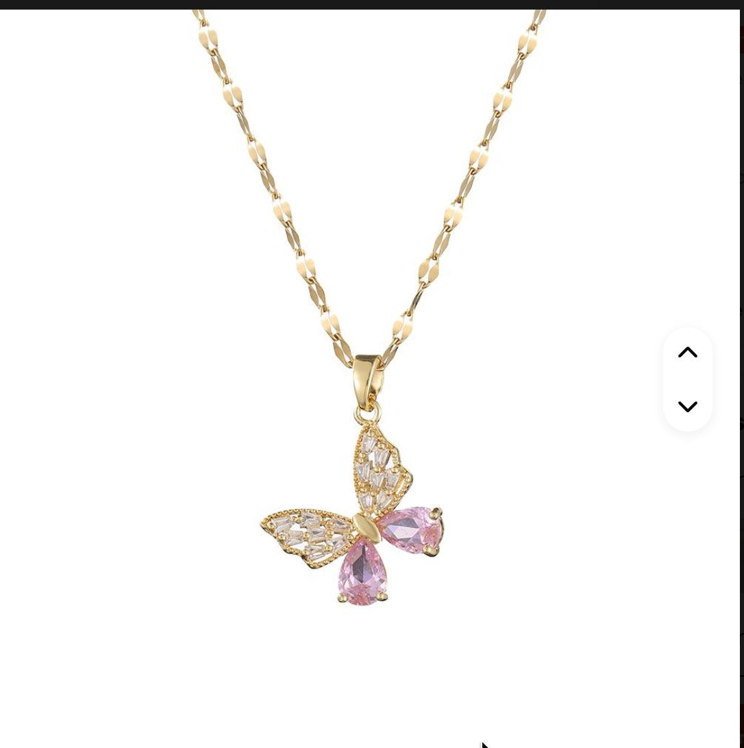Elegant Butterfly Pendant Necklace with Pink Crystal ‚Äì Gold Plated Chain