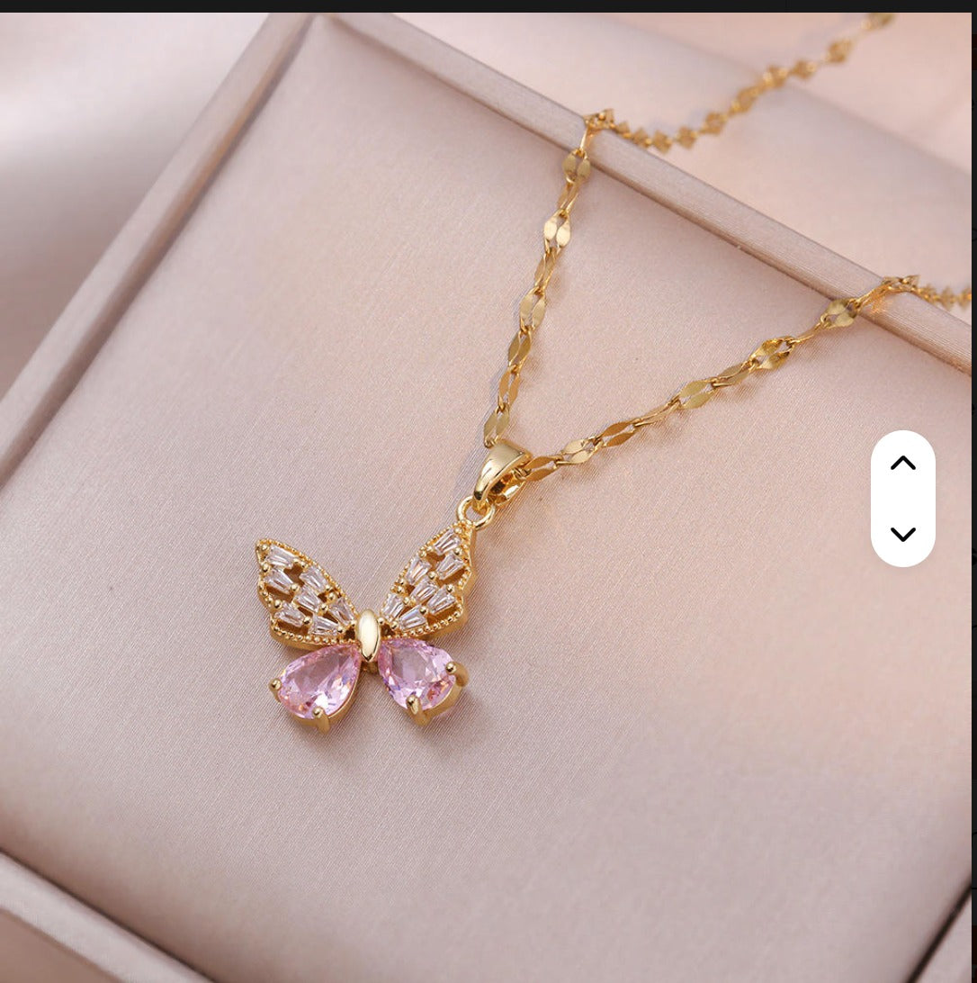 Elegant Butterfly Pendant Necklace with Pink Crystal ‚Äì Gold Plated Chain