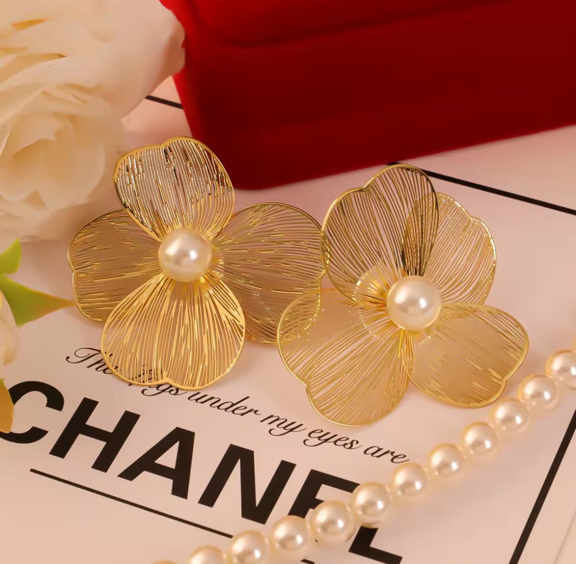 Elegant Floral Pearl Earrings for Women ‚Äì Gold Finish Stainless Steel Anti-Tarnish Statement Earrings