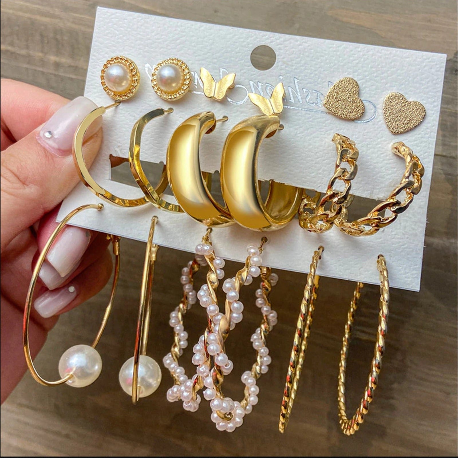Pack of 9 pairs ‚Äì hoops, pearl hoops, long pearl drops & stud