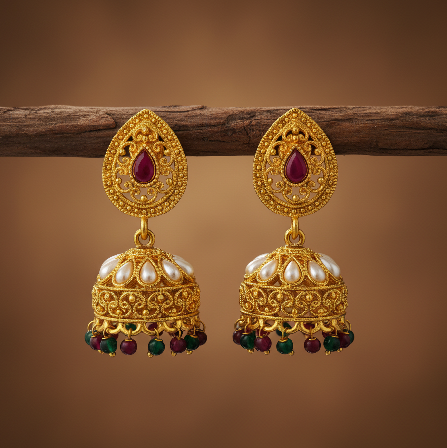 Jazz and Sizzle  Gold Plated Ethnic Earrings with Pearl Beaded & Drops Jhumka Earrings