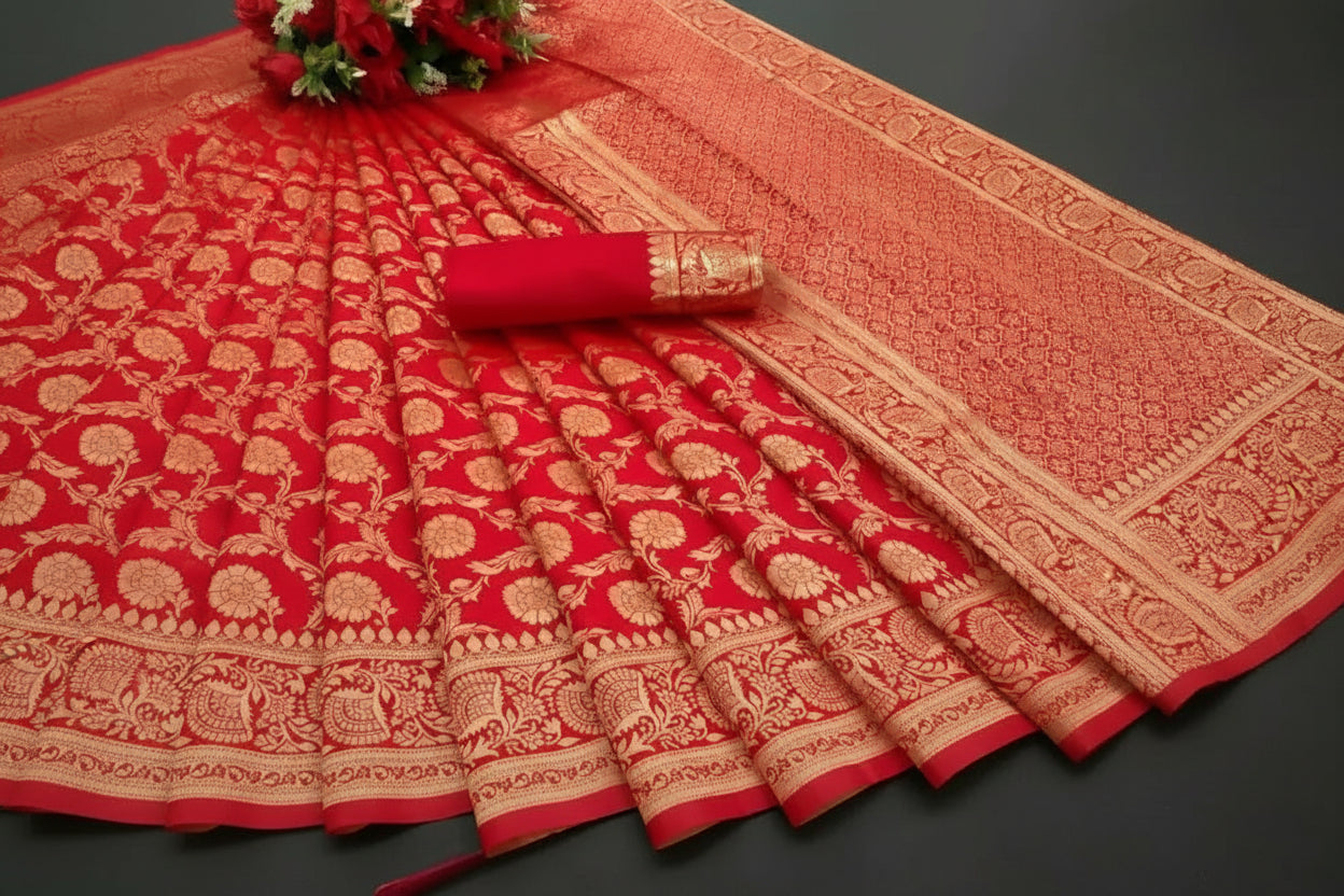 AXONIT Premium Bridal Banarasi Silk Saree in Red with Intricate Gold Zari Floral Design