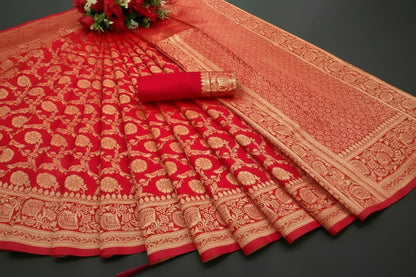 AXONIT Premium Bridal Banarasi Silk Saree in Red with Intricate Gold Zari Floral Design