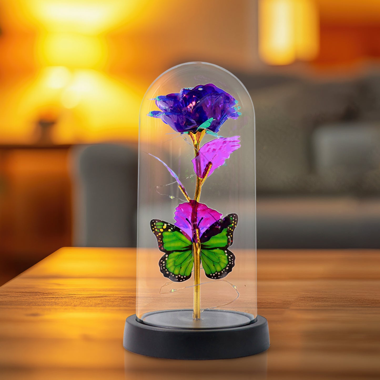 Led Preserved Rose With Colorful Butterfly In Plastic Dome (1 Pc  Mix Color)