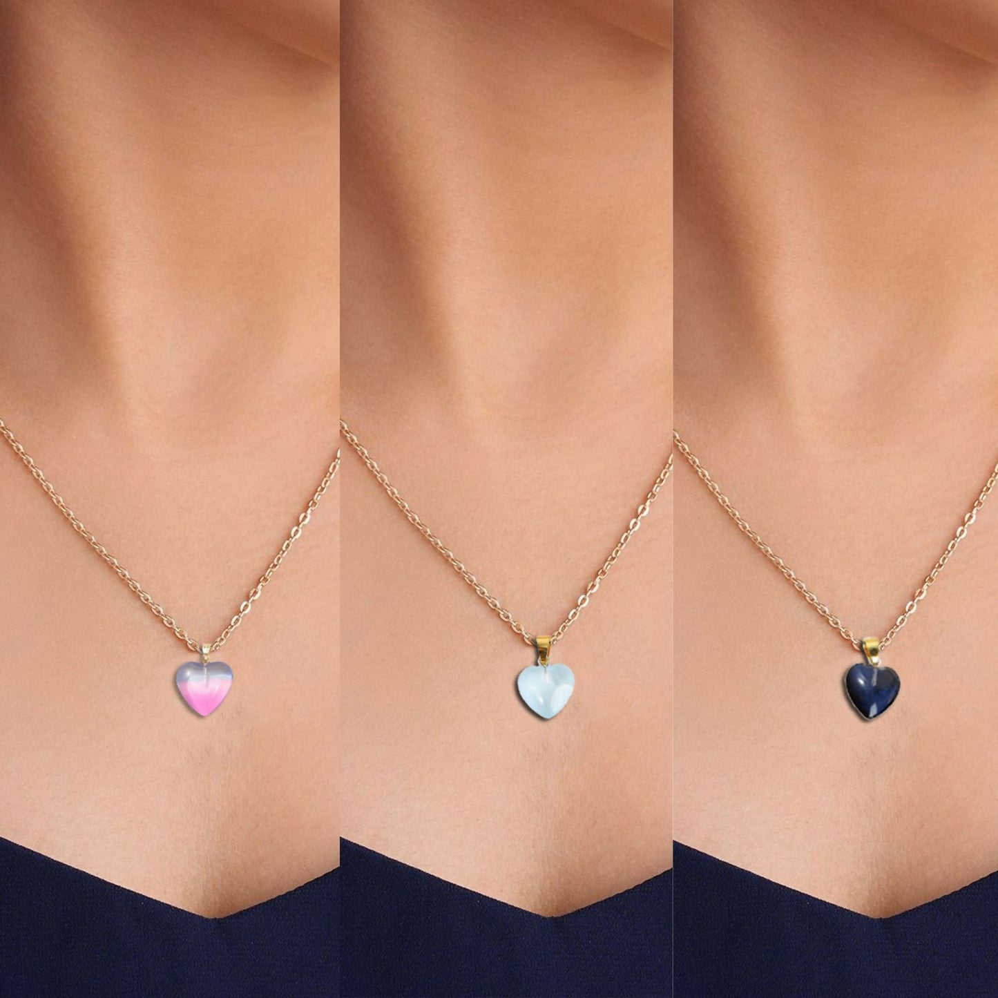 Pink, Green & Black Dual Tone Heart Necklace Set Crystal Necklace Set of 3 Colors