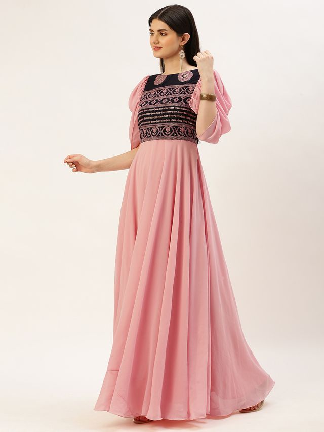 Bollywood Vogue Ready To Wear Navy Blue Embroidered Round Neck Gown
