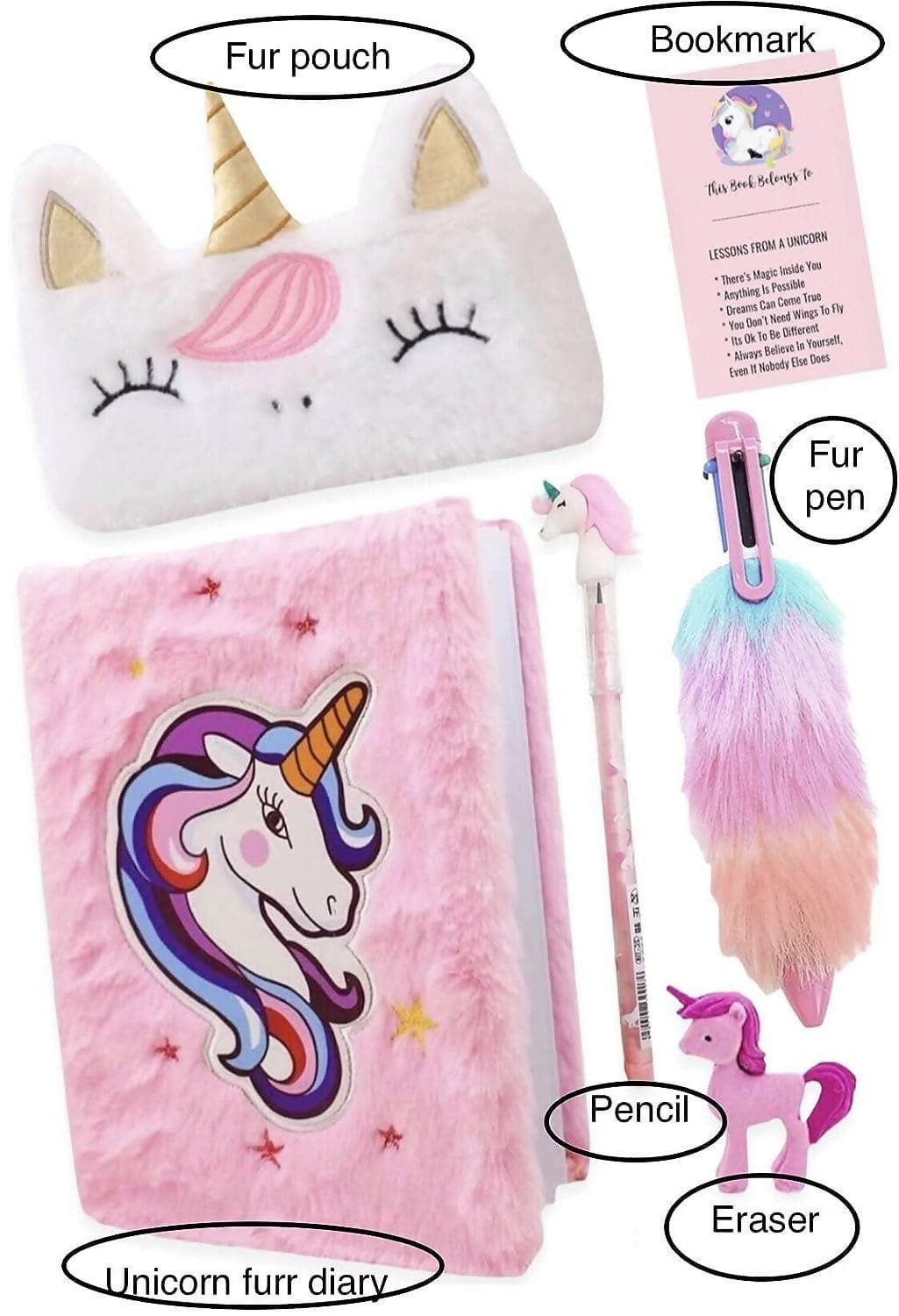 Unicorn Fur Diary , Fur Pouch , Fur Pen , Pencil , Eraser , Book Mark (Pack Of 6) - HalfPe