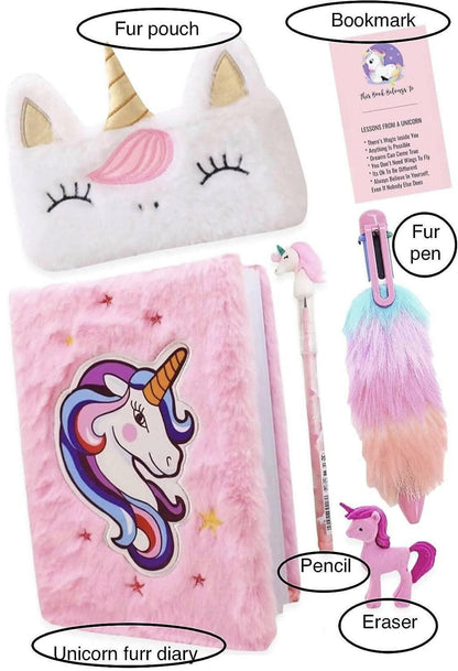 Unicorn Fur Diary , Fur Pouch , Fur Pen , Pencil , Eraser , Book Mark (Pack Of 6) - HalfPe