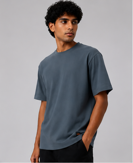 HUSTLE Men's Crew Neck Oversized Fit T-Shirt – Slate Blue(Over Sized Fit)