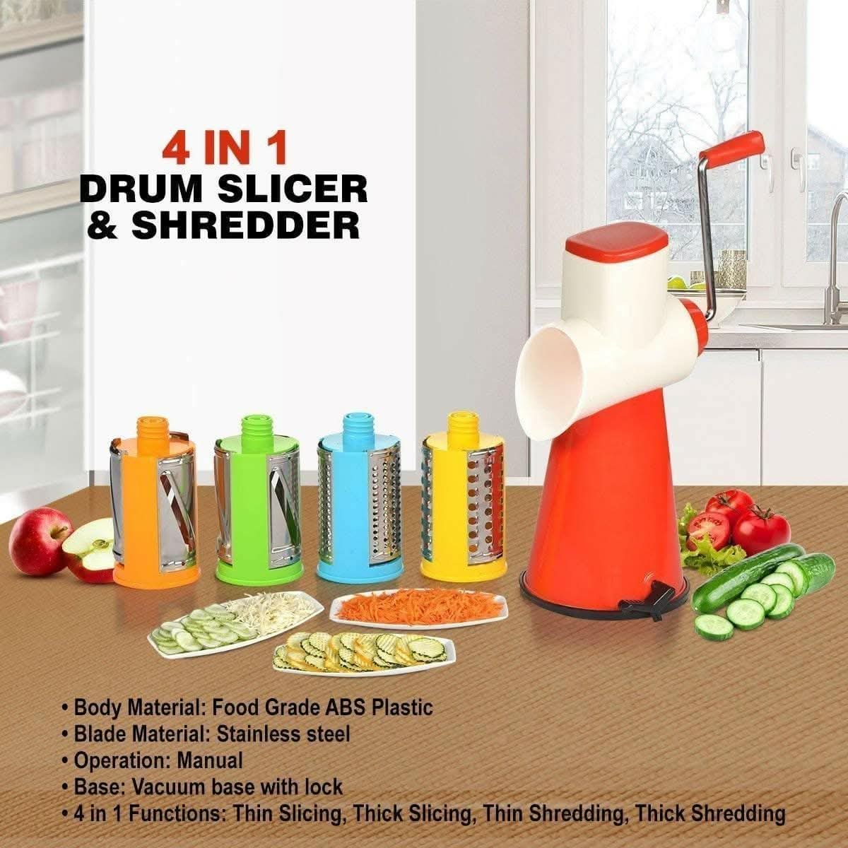 Plastic Stainless-Steel 4-in-1 Multi-Functional Drum Rotary Vegetable Cutter (multi-color) - HalfPe