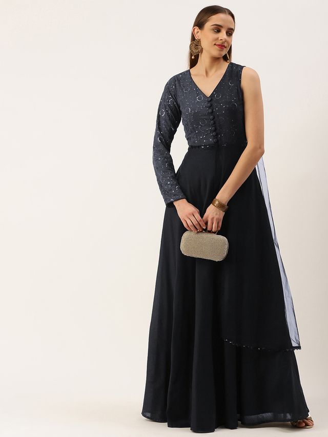 Bollywood Vogue Ready To Wear Grey Georgette Embroidered Gown
