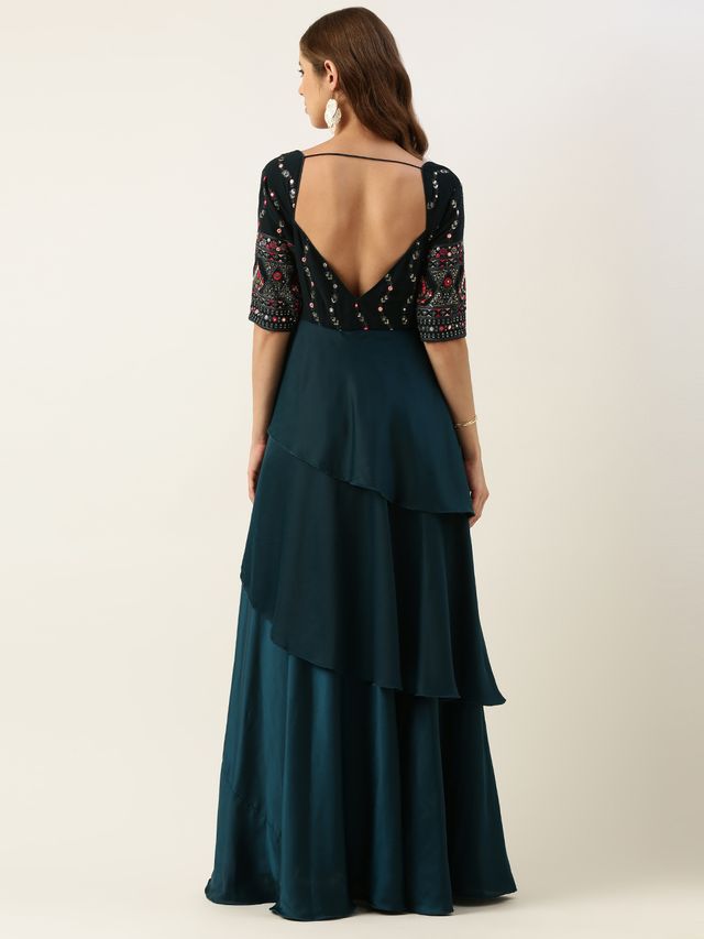 Bollywood Vogue Ready To Wear Teal Green Georgette Sequins Embroidered Gown