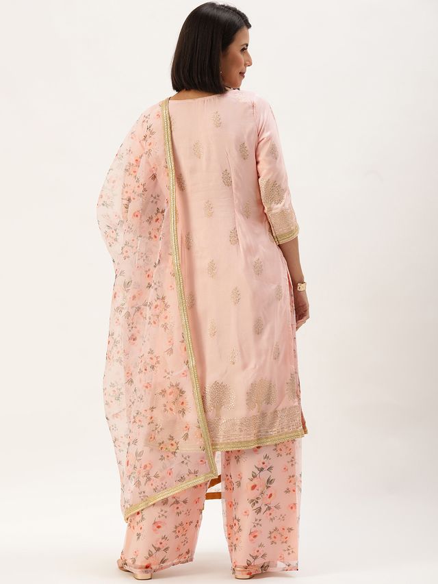 Bollywood Vogue Ready To Wear Pink Jacquard Kurti With Printed Pant N Dupatta