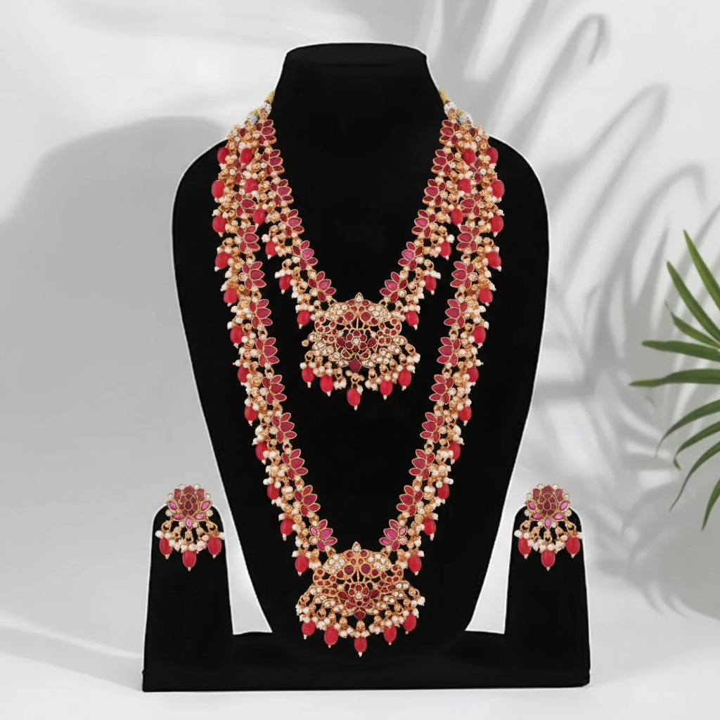 Lotus Floral Design Gold Plated Necklace Set Combo for Women - 1,Red,24 Inch SUPER