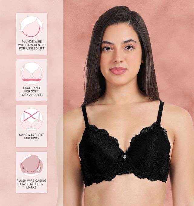 Susie 3/4th Coverage Black Beauty Fully Lace Cup Adjustable Detachable Padded Wired Bra