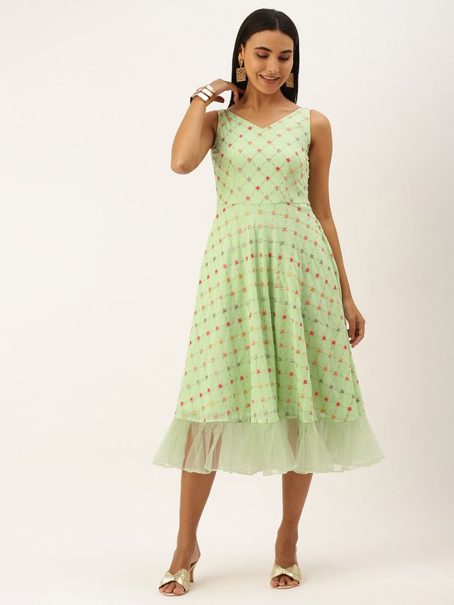 Bollywood Vogue Ready To Wear Green Georgette Embroidered Dress