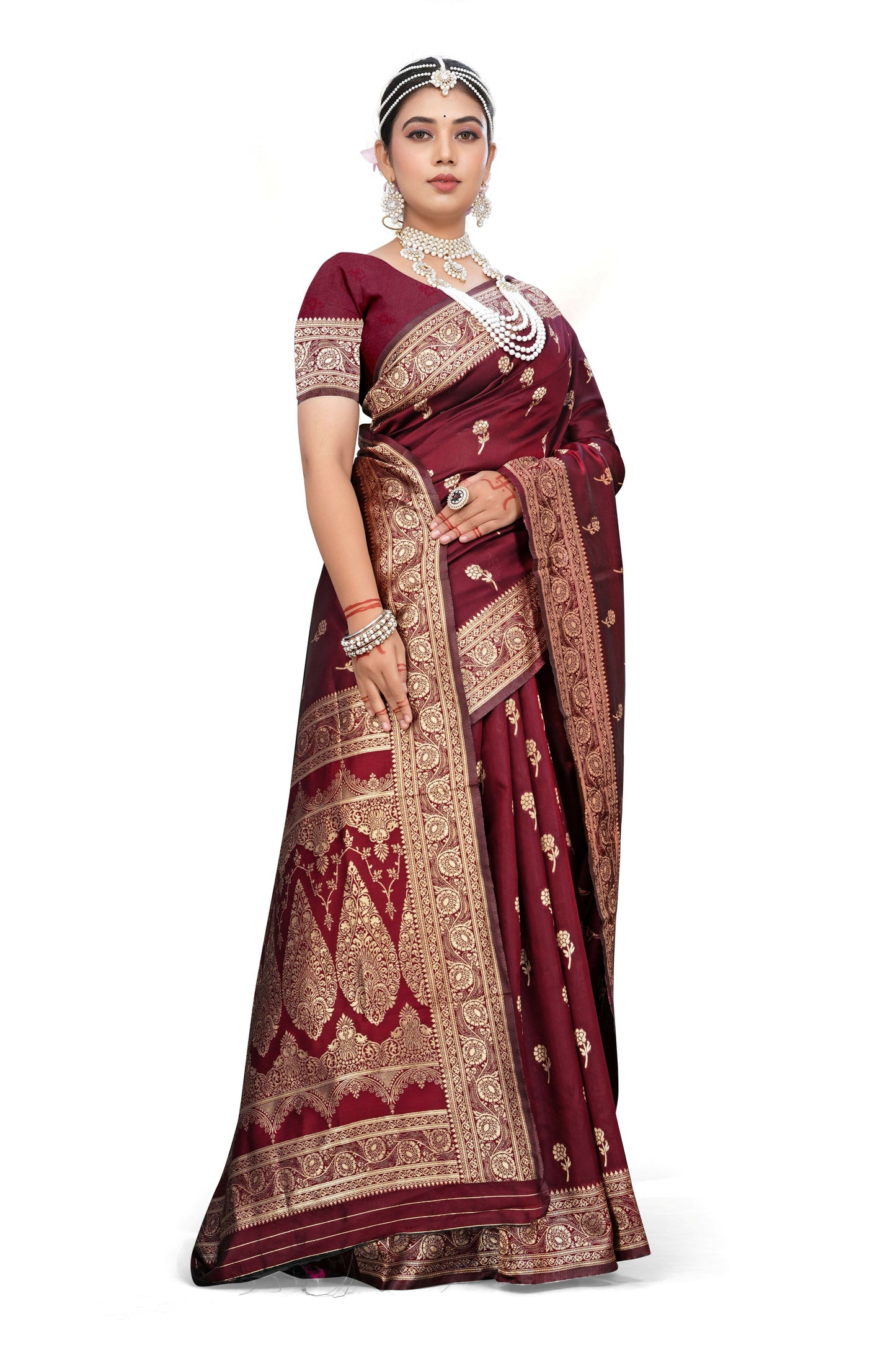 AXONIT Majestic Maroon Premium Jacquard Silk Saree with Golden Zari Work