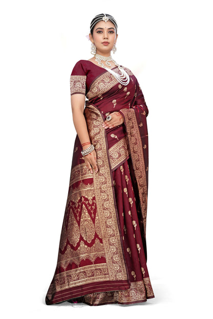 AXONIT Majestic Maroon Premium Jacquard Silk Saree with Golden Zari Work
