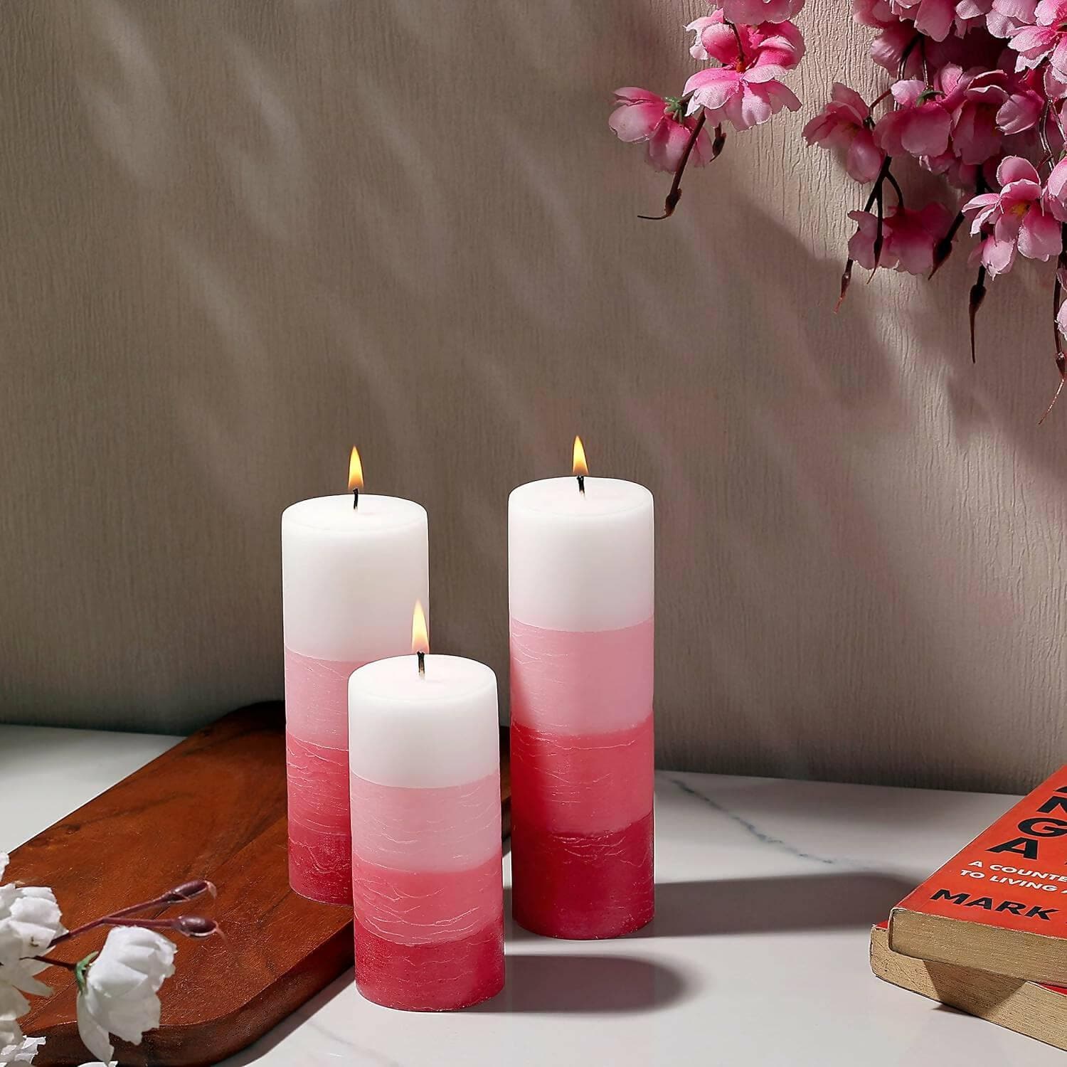 PROSPERRO LUMO by Parkash Candle Set of 3 Fragrance Pillar Candles Shade Finish (RED - Rose) - HalfPe