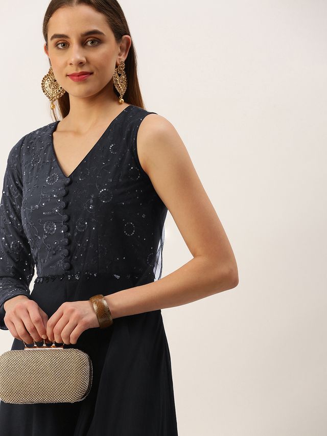 Bollywood Vogue Ready To Wear Grey Georgette Embroidered Gown