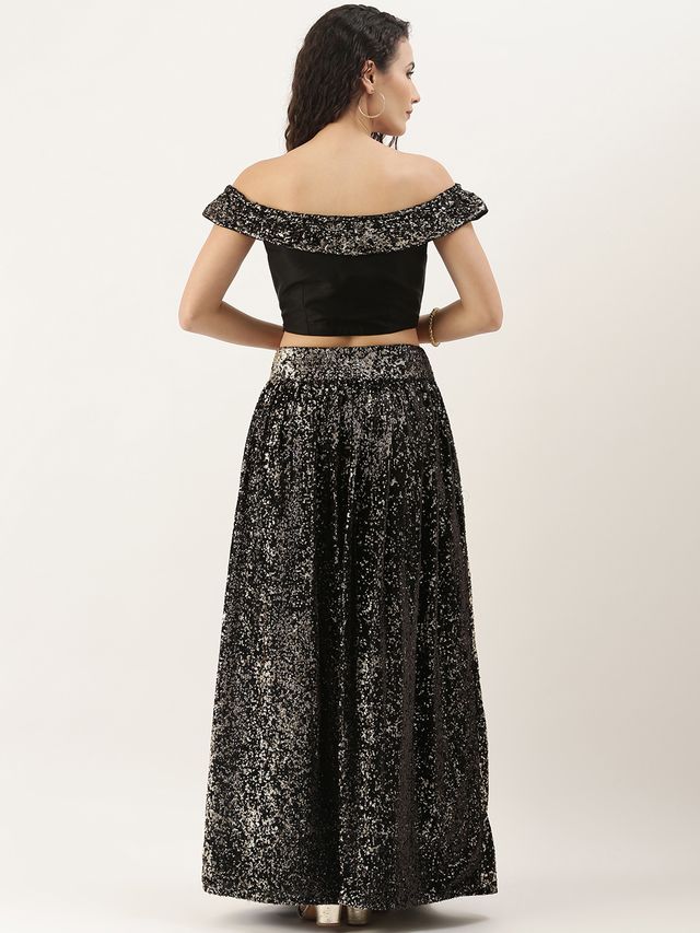Bollywood Vogue Ready To Wear Black Sequins Embroidered Crop Top N Skirt