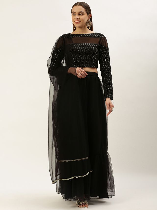 Bollywood Vogue Ready To Wear Black Georgette Embroidered Lehenga Set