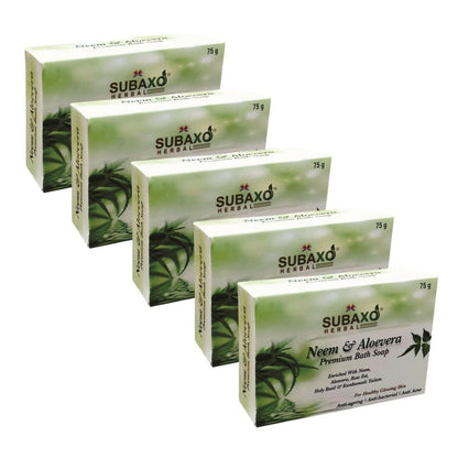 SUBAXO Neem & Aloevera Bath Soap Premium Bath Soap for Glowing Skin Anti Acne & Pimple Fighting Soap (5*75g Each, Pack Of 5) - HalfPe