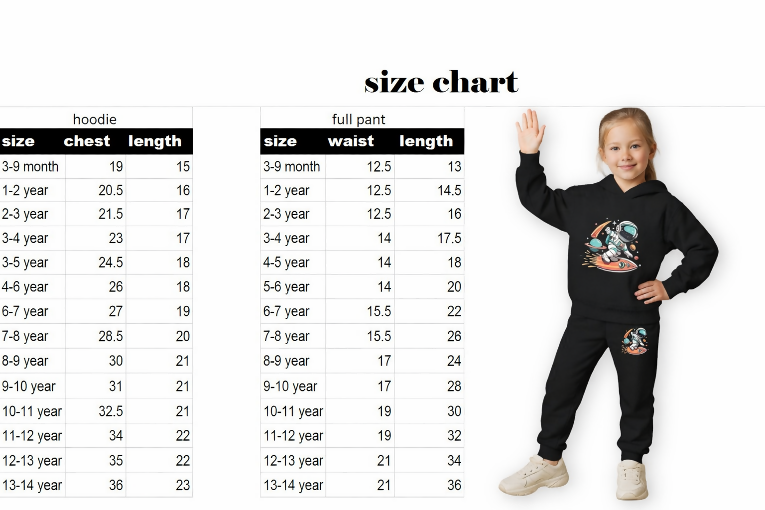 Unisex Kids Hooded Sweatshirt & Jogger Set – Astronaut Skate Space Theme (Black) Luck Fashion