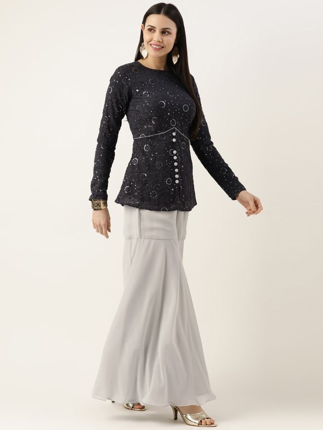 Bollywood Vogue Ready To Wear Silver N Dark Grey Georgette Sequins Embroidered Gharara Set