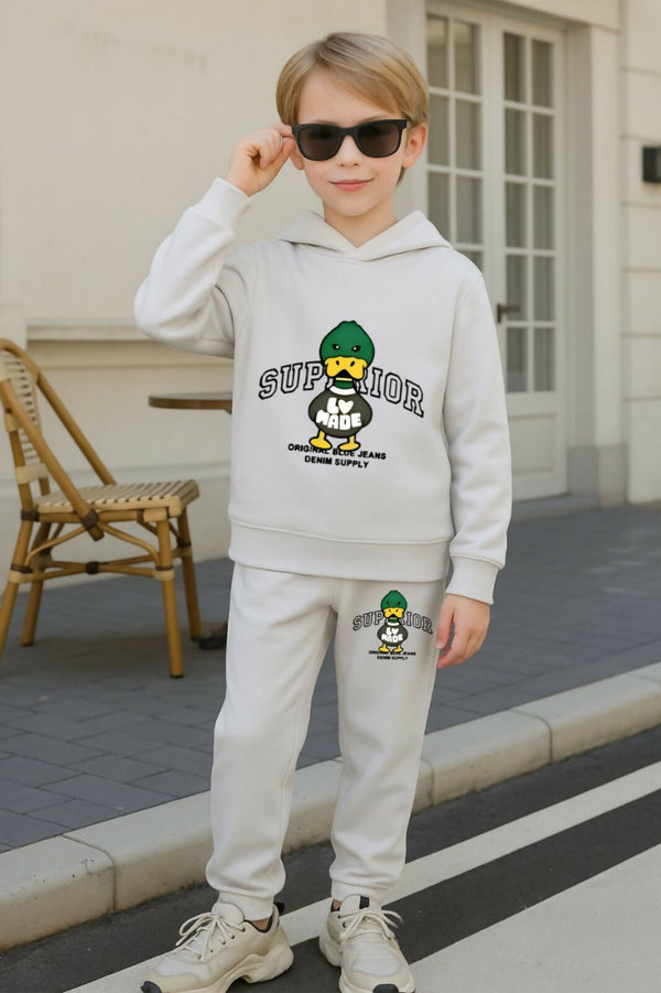 Boys White Printed Hoodie with Matching Joggers Luck Fashion