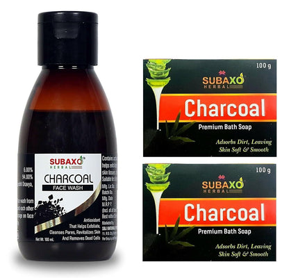 Subaxo Herbal Charcoal Soap (100 g Each, Pack Of 2) & Face Wash Combo (100ml) - HalfPe