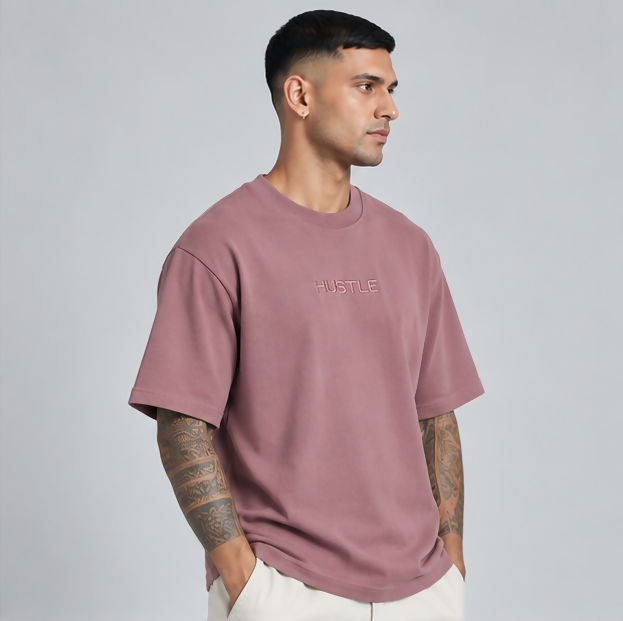 HUSTLE Men's Crew Neck Oversized Tees - Pink