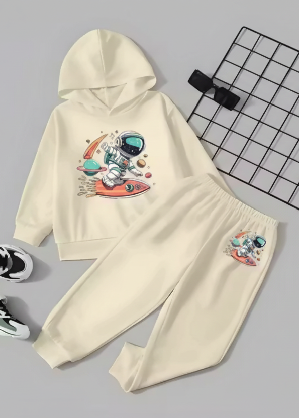 Kids Hooded Sweatshirt & Jogger Set – Astronaut Space Surf Print Casual Wear (Cream) Luck Fashion