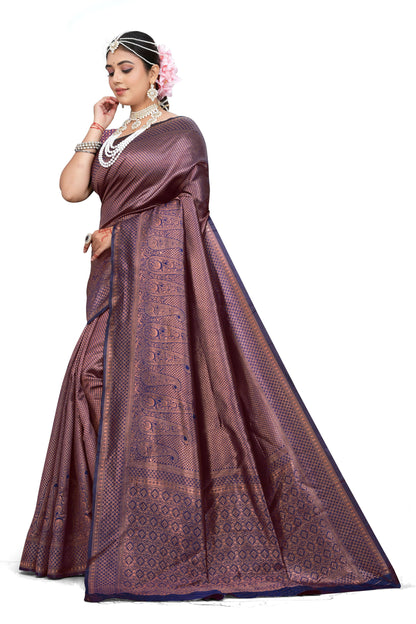 AXONIT Royal Purple Banarasi Silk Saree with Traditional Paisley Zari