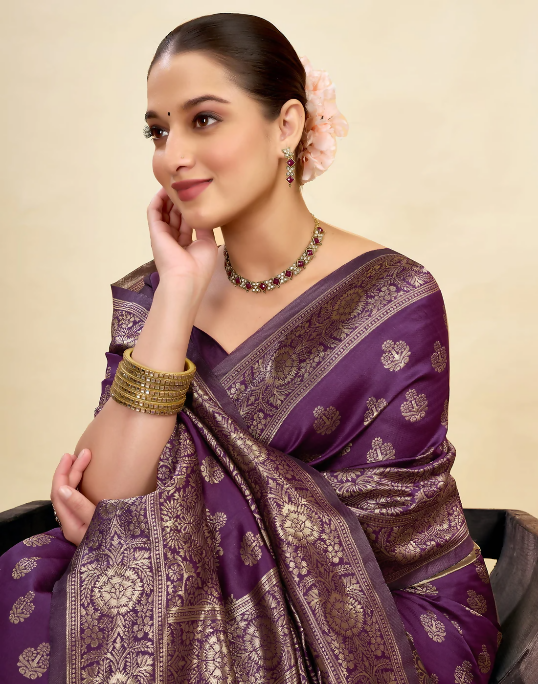 Royal Emerald Jacquard Saree with Golden Zari Work & Heavy Brocade Border