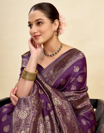 Royal Emerald Jacquard Saree with Golden Zari Work & Heavy Brocade Border