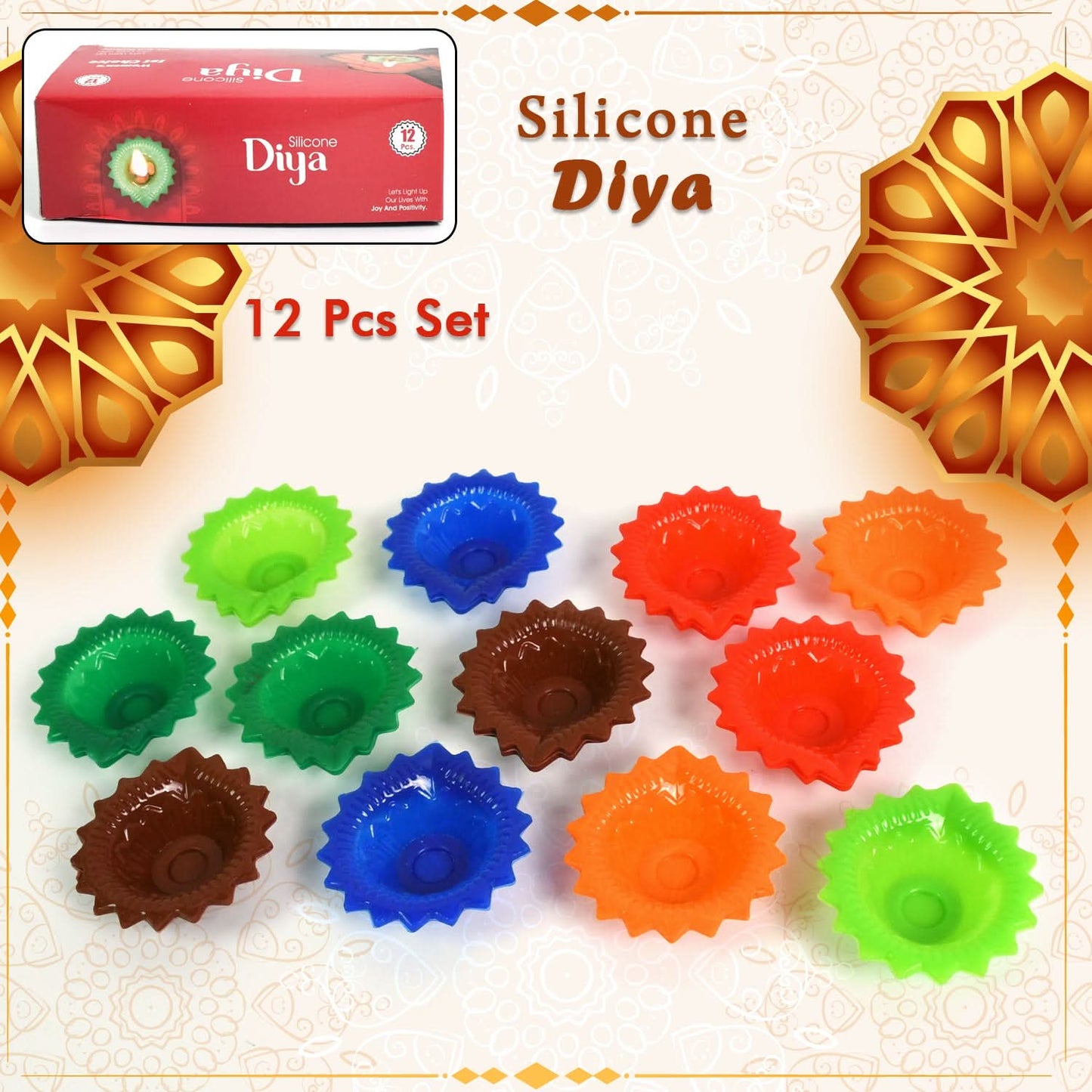 Colorful Silicone Diya Set – 12pcs Reusable, Smokeless Decorative Diyas for Festivals & Home Décor