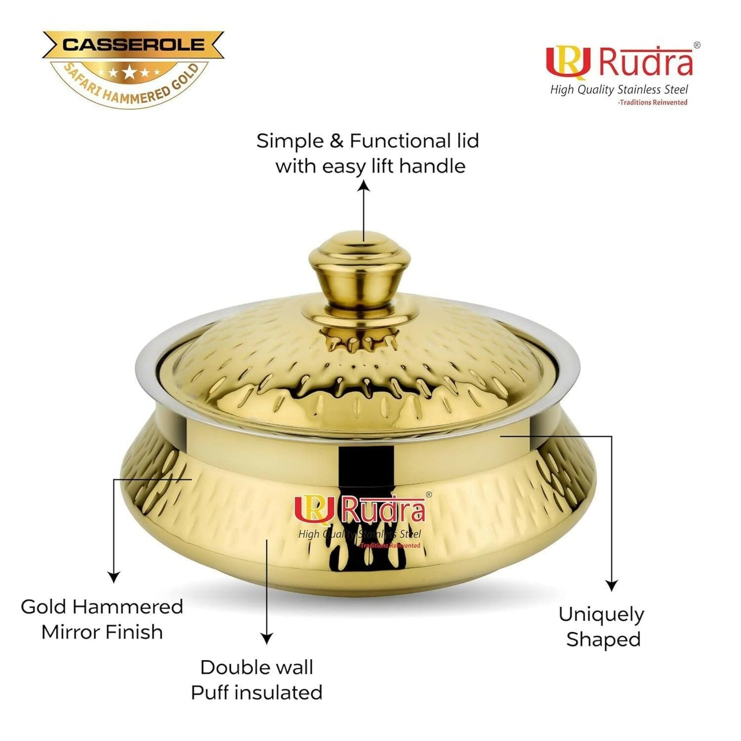 Rudra Safari Hammered Gold Double Walled Stainless steel Casserole (Multiple Sizes) - HalfPe