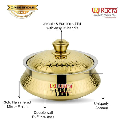 Rudra Safari Hammered Gold Double Walled Stainless steel Casserole (Multiple Sizes) - HalfPe