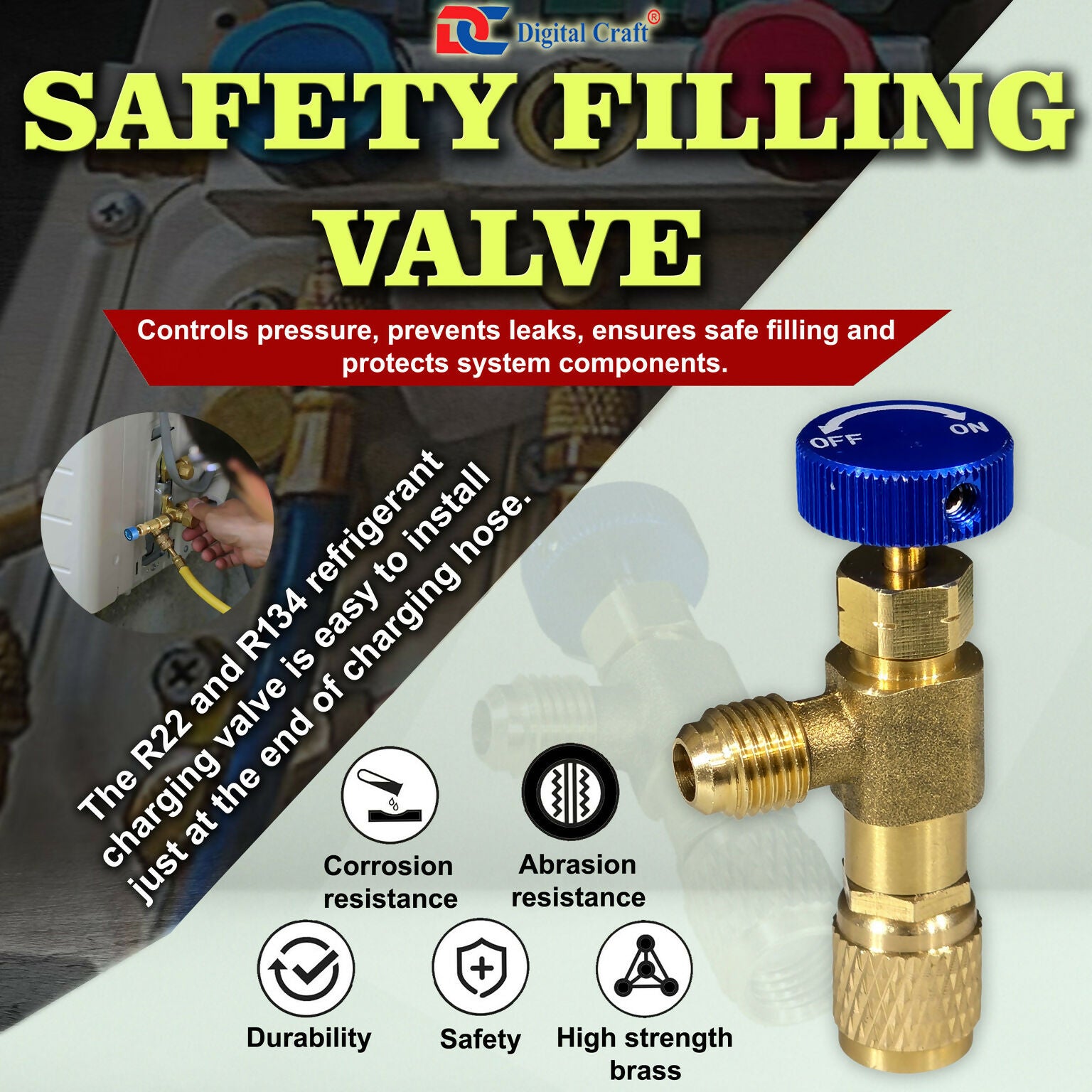 Digital Craft Brass AC Refrigerant Safety Valve 1/4" M to 1/4" F SAE Adapter for HVAC Service Ball Valves