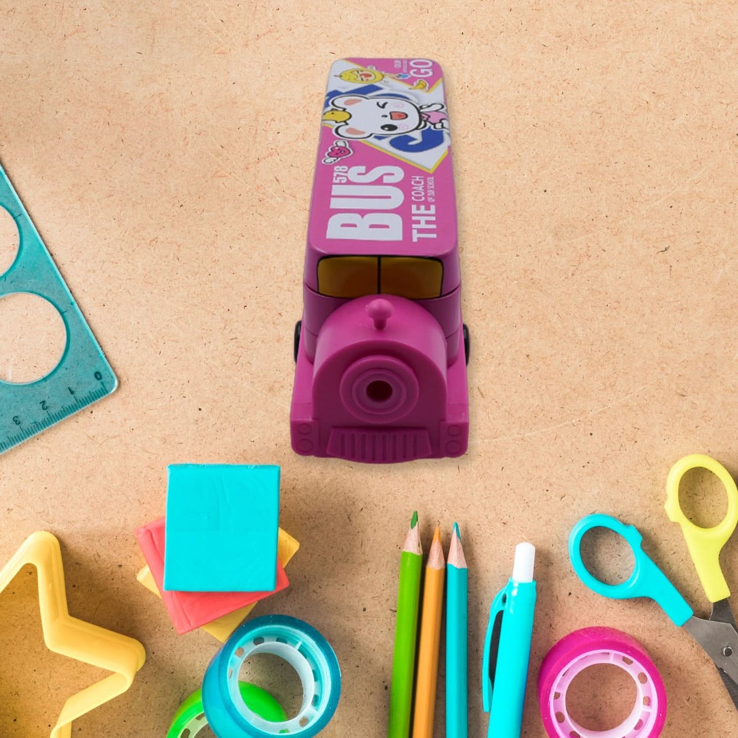 Double Decker Bus Pencil Case – 2-Layer Metal Box with Sharpener