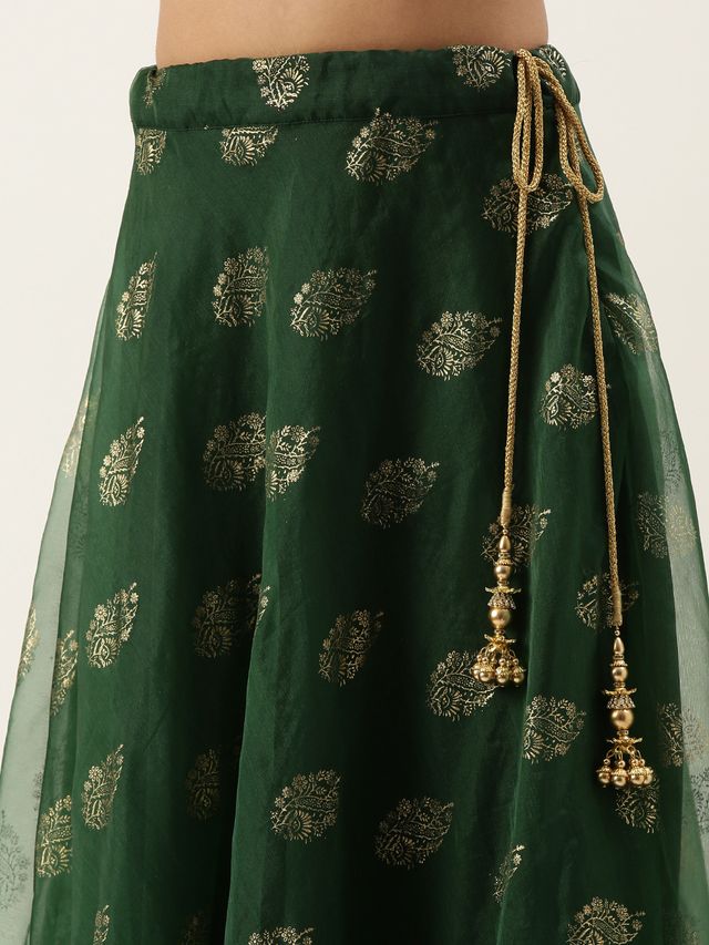 Bollywood Vogue Ready To Wear Green N Gold Organza Embroidered Lehenga