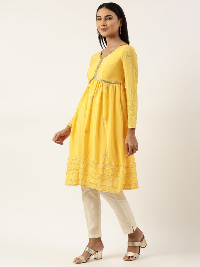 Bollywood Vogue Ready To Wear Yellow Chinnon Embroidered Kurta Set